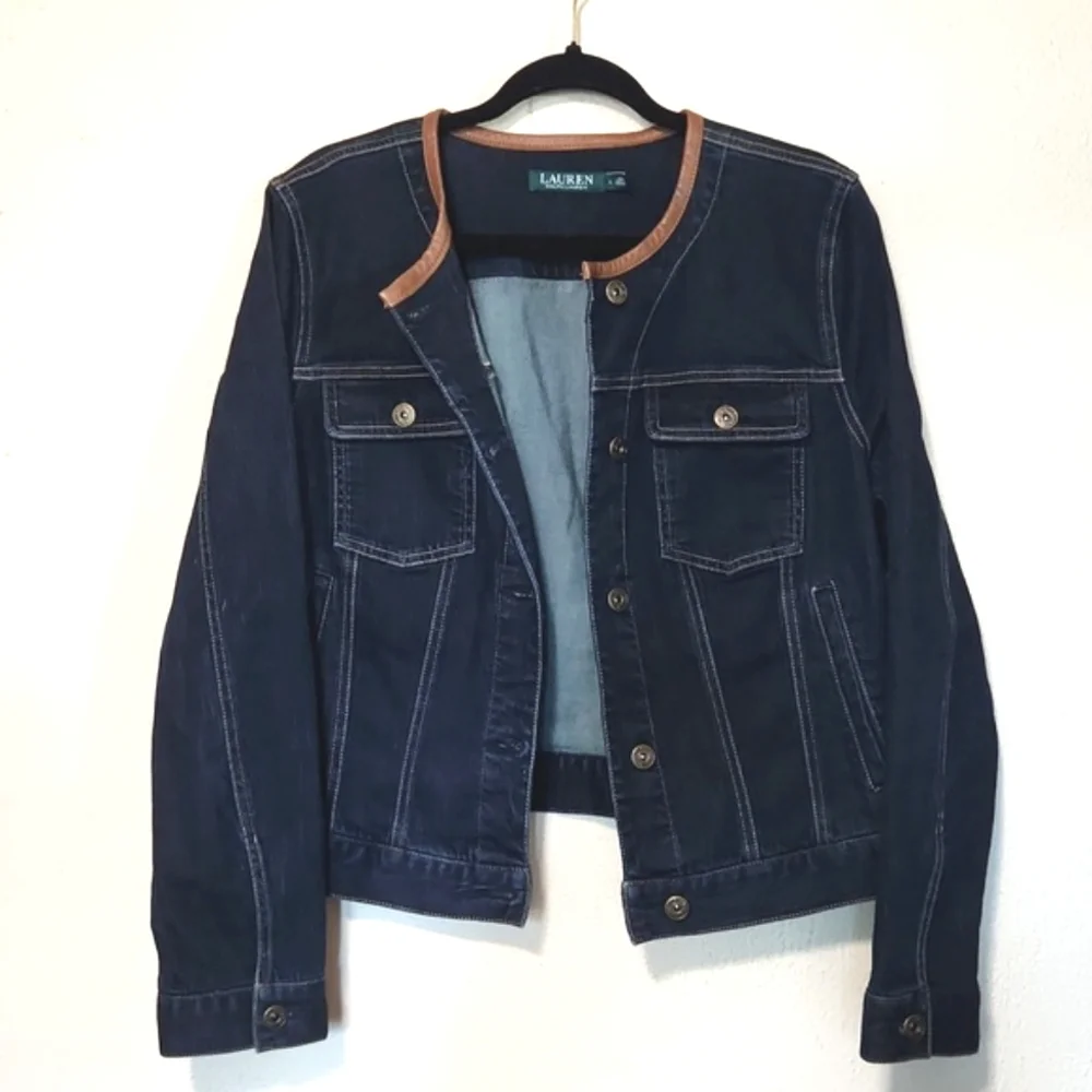 Ralph Lauren Dark Blue Denim Jacket Leather Trim Collar Large - Picture 3 of 13